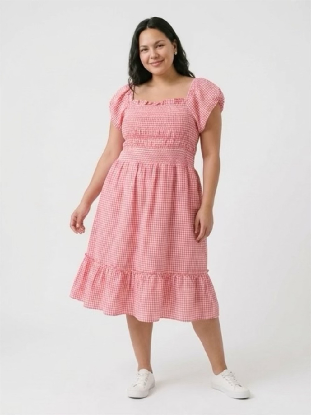 Terra & Sky 2X Gingham Smocked Midi Dress in Black, Purple, and Coral - Picture 3 of 9